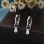 Sterling Silver White Opal Droplet Huggie Hoop Earrings, thumbnail 1 of 10