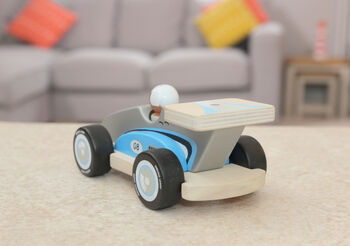 Quality Wooden Retro Silver Racing Car With Driver, 4 of 5