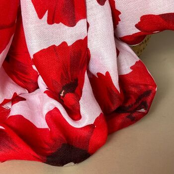 Bold Red Poppy Print Frayed Scarf In White, 2 of 3