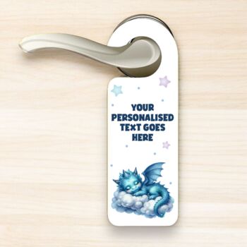 Personalised Baby Dragon Sleeping Blue Door Hanger, 2 of 2