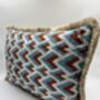 Modern, Oblong, Velvet, Ikat, Cushion With Silk Tassels Brown, Blue, Cream Herringbone Pattern Design, thumbnail 2 of 10