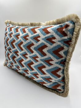 Modern, Oblong, Velvet, Ikat, Cushion With Silk Tassels Brown, Blue, Cream Herringbone Pattern Design, 2 of 10