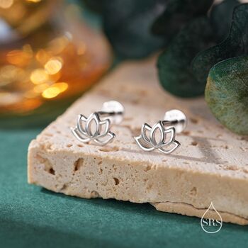 Sterling Silver Lotus Flower Internally Threaded Flat Back Earrings, 5 of 10