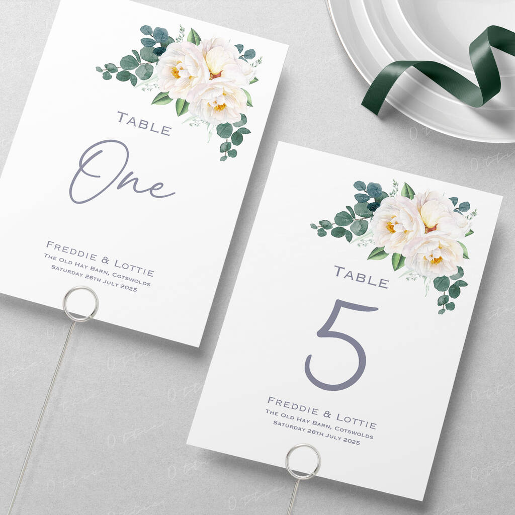Wedding Table Numbers Dark Green Leaf And White Floral, 1 of 4