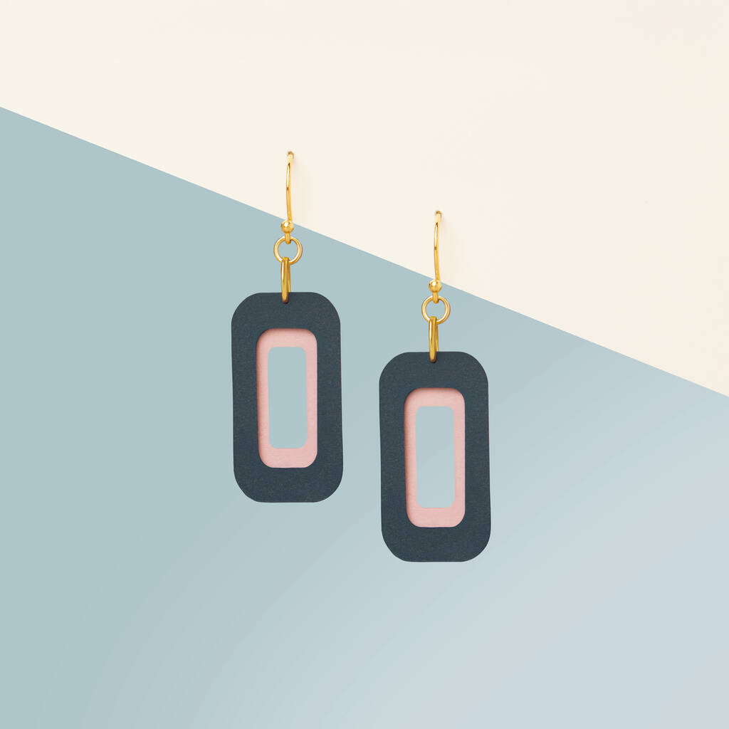 Blue And Pink Rectangle Earrings • Gold Plated Sterling Silver Hooks, 1 of 8