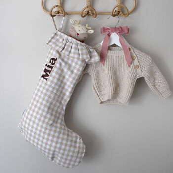 Personalised Beige Gingham Stocking Embroidered, 2 of 9