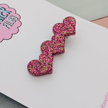Pink Heart Glitter Hair Clip / Resin Barrette / Statement Shimmering Hair Slide / Love Theme Accessory, 2 of 4