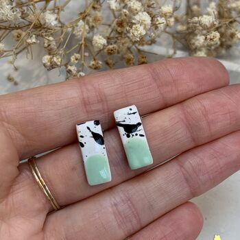 Mint Green Ceramic Bar Stud Earrings Abstract Splatter Minimalist Studs, 2 of 8