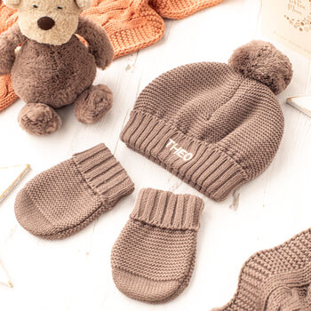 Baby Boy Personalised Bobble Hat And Mittens Gift Set, 2 of 12