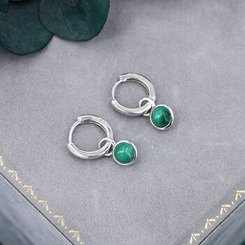 Sterling Silver Dangling Malachite Hoop Earrings, 8 of 12