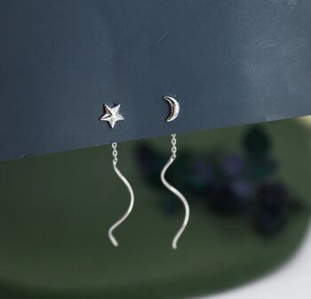 Moon And Star Threader Earrings In Sterling Silver, 2 of 9