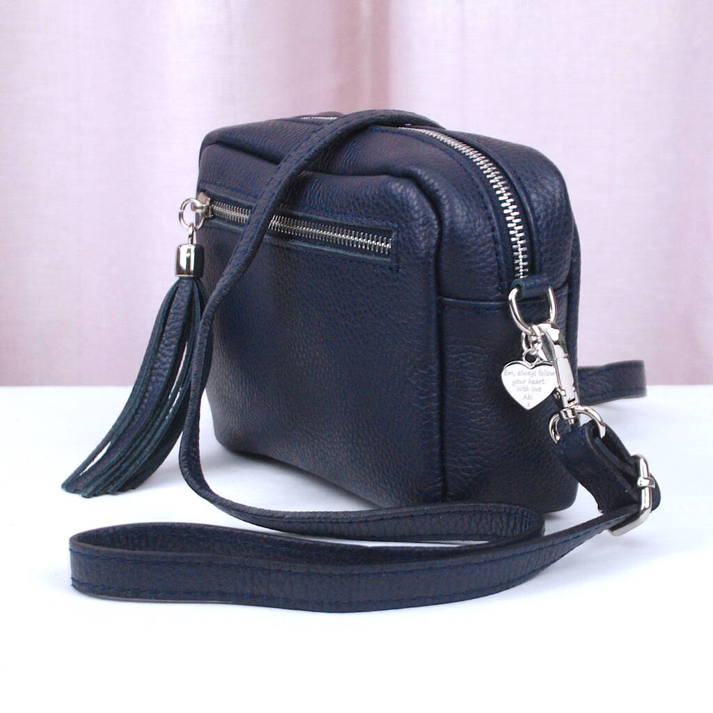 Personalised Navy Crossbody Bag With Patterned Strap By Penelopetom