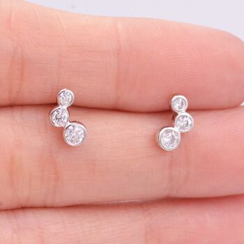 Sterling Silver Small Pair Cz Crystal Trio Stud Earrings, 3 of 12
