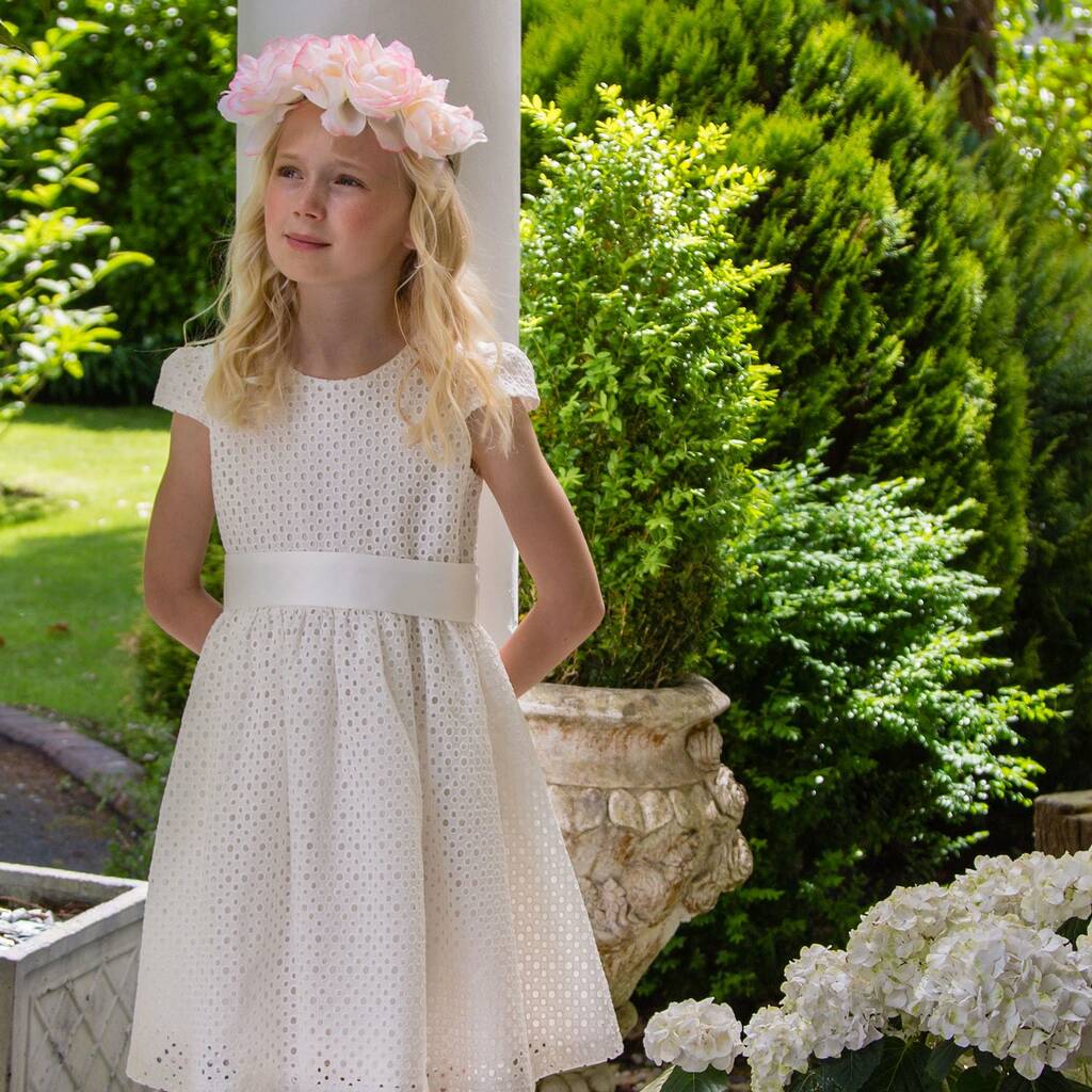 Flower Girls Dress White Embroidered Cotton, 1 of 4