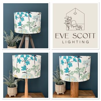 Hedgerow Pistachio And Teal Botanical Drum Lampshades, 10 of 10