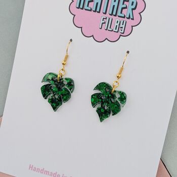 Green Glitter Monstera Leaf Resin Earrings, 2 of 8