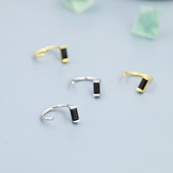 Sterling Silver Tiny Black Baguette Cut Cz Huggie Hoop Earrings, 2 of 10