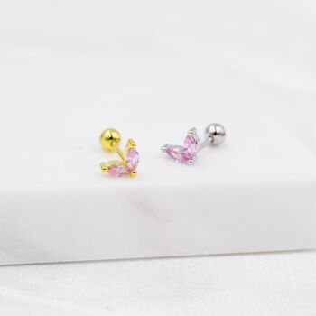 Sterling Silver Rose Pink Cz Marquise Leaf Duo Barbell Earrings, 2 of 12
