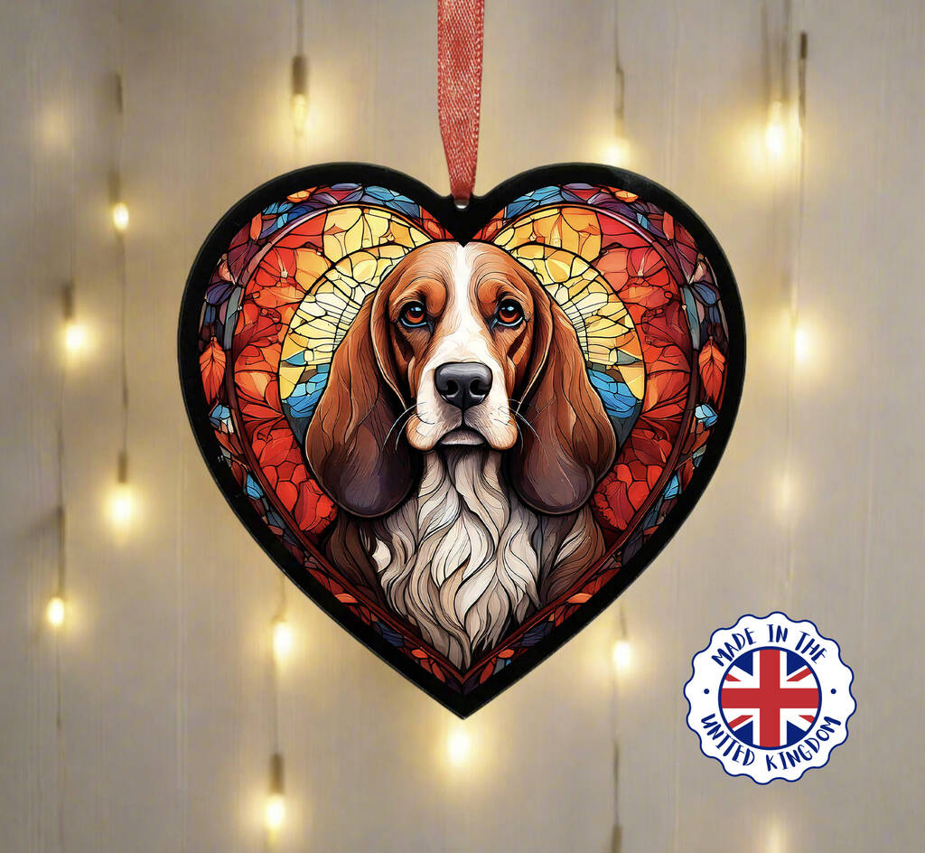 Basset Hound Stained Glass Effect Heart Suncatcher, 1 of 6