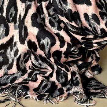 Leopard Print Scarf With Tassels In Pink, 3 of 4