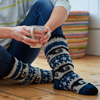Fair Trade Hand Knitted Scandi Woollen Slipper Socks, 5 of 12
