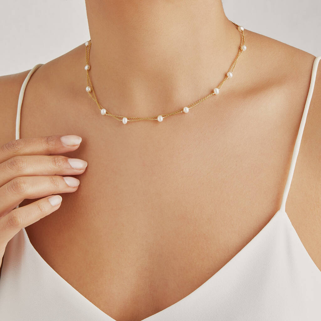 Stainless Steel) Dainty Freshwater Pearl Necklace in Rose Gold | Arva.co