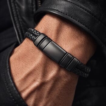 Men’s Adjustable Black Double Leather Bracelet – 12mm Woven Design With Black Stainless Steel Clasp, 4 of 9