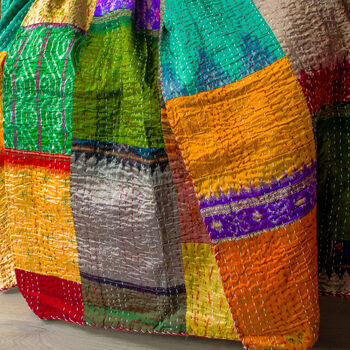 Silk Patchwork Multicoloured Hand Stiched Kantha Quilt, 8 of 9