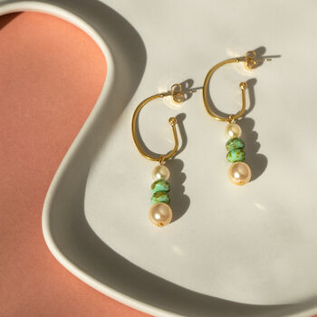 Pearl And Turquoise Bead Stacked Oval Hoop Earrings, 2 of 4
