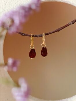Red Agate Pomegranate Seed Twisted Huggie Hoop Earrings, 7 of 11