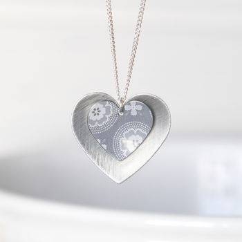 Grey Print Silver Double Heart Pendant, 2 of 4