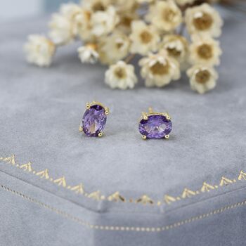 Sterling Silver Amethyst Purple Oval Cz Stud Earrings, 3 of 12