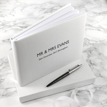 Engraved White Leather Wedding Guest Book, 8 of 12