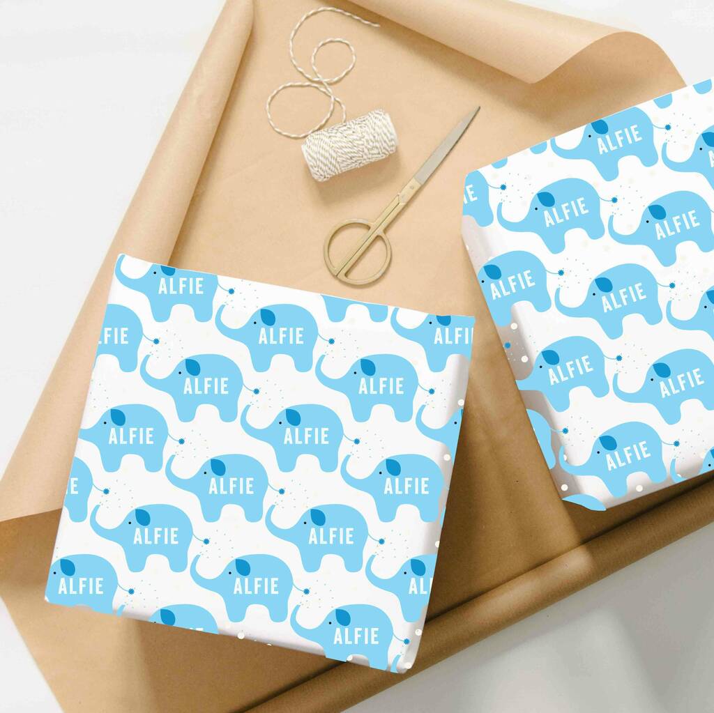 personalised new baby elephant wrapping paper by abigail warner