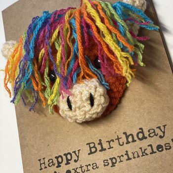 Rainbow Highland Cow Crochet Birthday Card Handmade Sprinkles, 3 of 7
