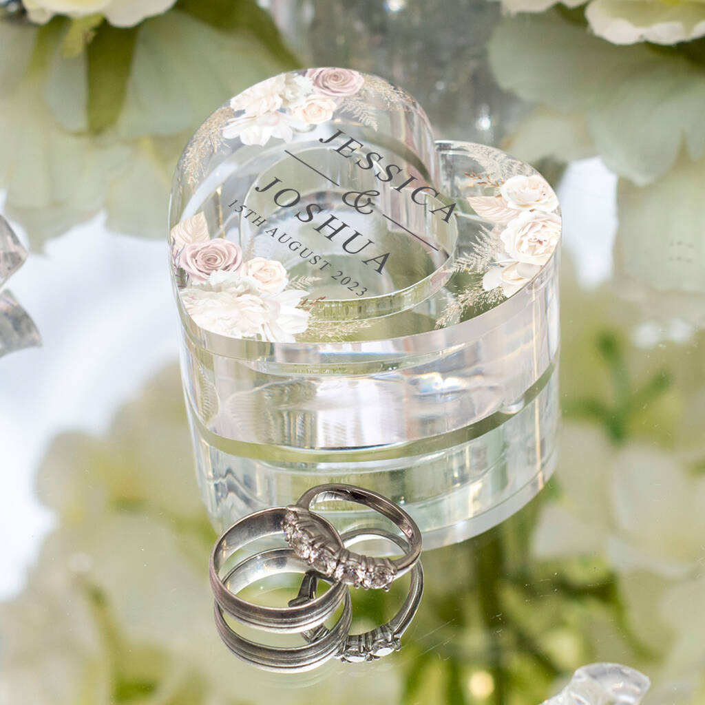 Blush Flowers Acrylic Heart Wedding Ring Box, 1 of 4