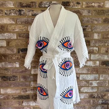 Organic Short Cotton Kimono: White With Orange And Purple Eye, 3 of 4