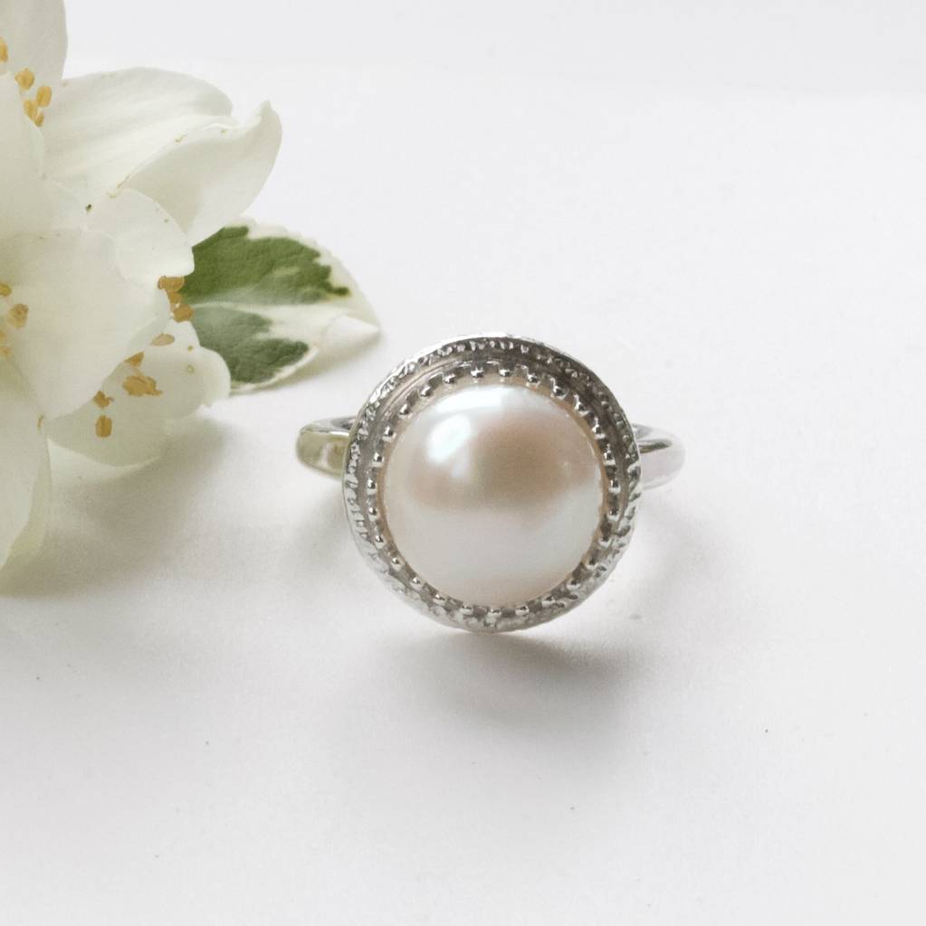 White Pearl Cocktail Ring, Silver Big Pearl Ring By Caroline Brook ...
