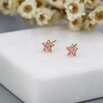 Tiny Pink Cz Flower Stud Earrings In Sterling Silver, 5 of 11