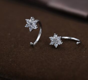 Sterling Silver Clear Cz Flower Huggie Hoop Earrings, 8 of 12