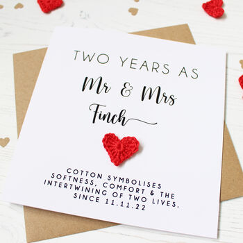 Personalised 2nd Anniversary Card With Cotton Heart, 4 of 5