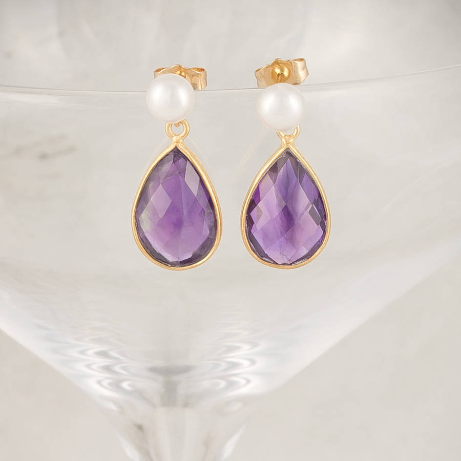 Freshwater Pearl And Gold Amethyst Drop Earrings, 1 of 4