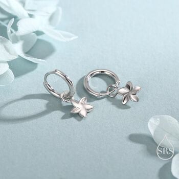 Sterling Silver Tiny Plumeria Flower Huggie Hoop Earrings, 3 of 11