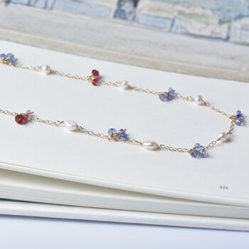 Tanzanite, Pink Sapphire And Pearls Cluster Necklace, 3 of 12