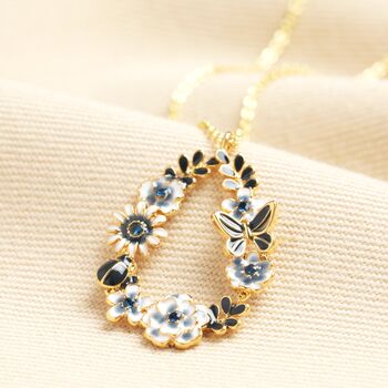 Enamel Blue Flower And Bee Teardrop Pendant Necklace In Gold, 2 of 4