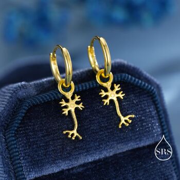 Sterling Silver Tiny Neuron Cell Huggie Hoops Earrings, 5 of 11