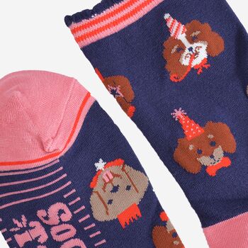 Women's Bamboo Socks Blue Pink Party Dogs, 4 of 5