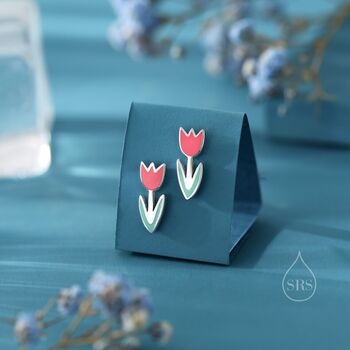 Enamel Tulip Flower Stud Earrings In Sterling Silver, 3 of 12