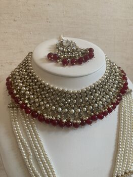 Indian Kundan Silver Maroon Pearl Mala Set, 2 of 9