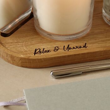 Personalised Solid Oak Candle Display Tray With Optional Lid Holder Slot, 7 of 11